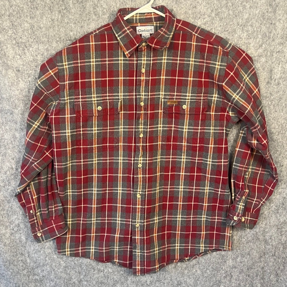 Carhartt Men's Flannel Shirt Large Red Grey Plaid Long‎ Sleeve Button Up S138RED